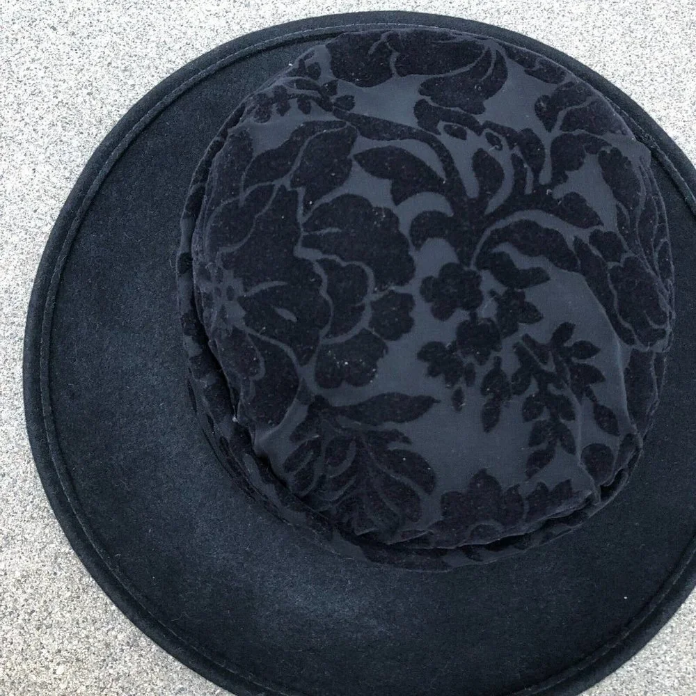 TINA LUXE Commodore Floral Wide Brim Fedora Hat Women's Black 100% Wool Cap‌‌